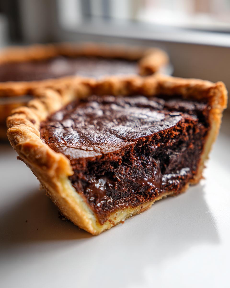 A close-up view of a slice of rich, gooey fudge pie showing the molten chocolate center and flaky crust, lightly dusted with powdered sugar.