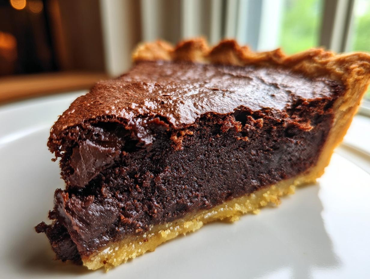 A close-up, macro shot of a rich, dark slice of fudge pie with a flaky crust on a white plate.