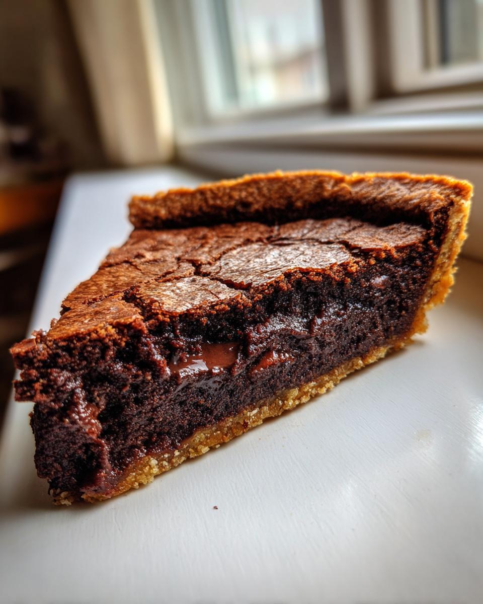 Close-up of a rich, dark slice of fudge pie showing a gooey chocolate center and crisp crust.