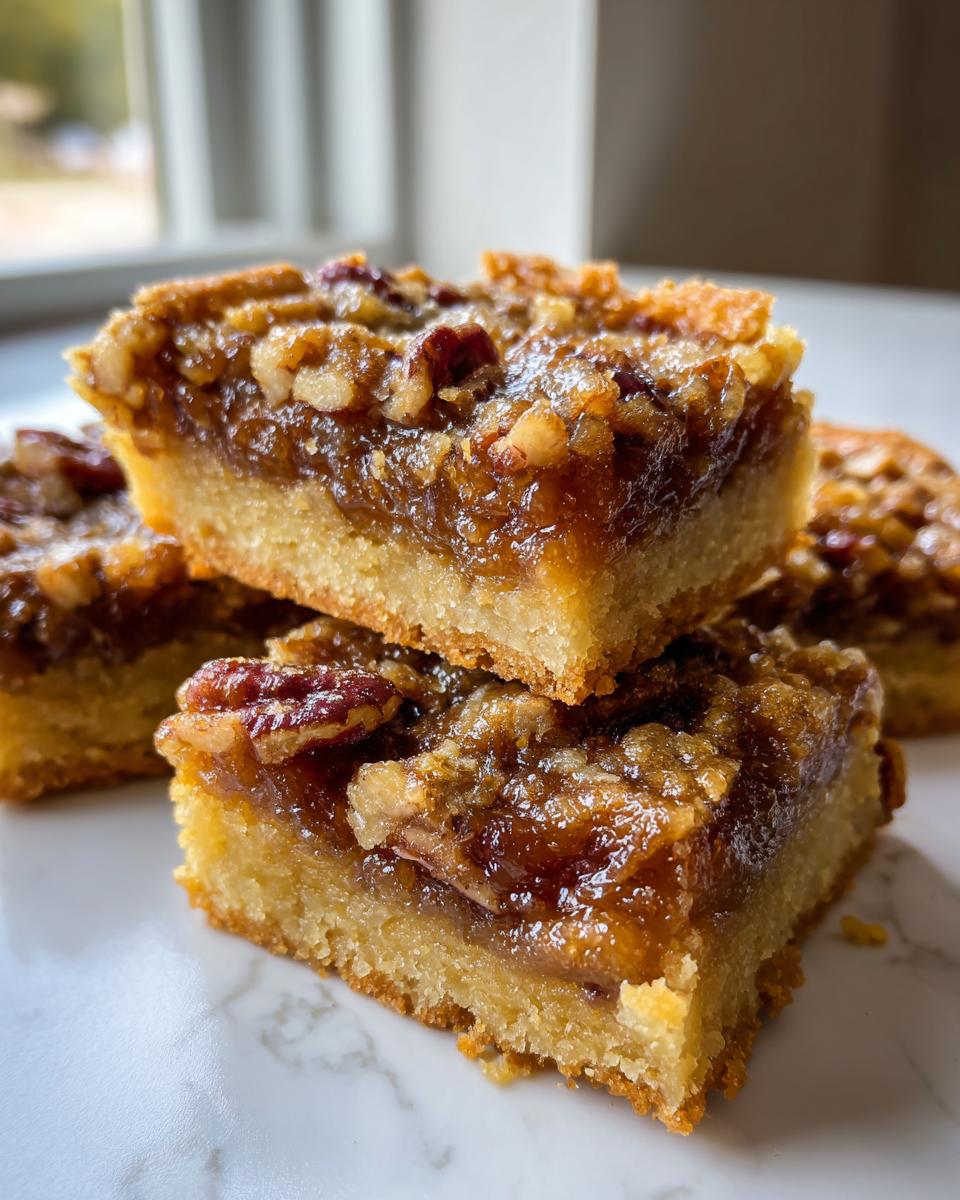Close-up of stacked pecan pie bars showing the thick, gooey filling and buttery shortbread crust.