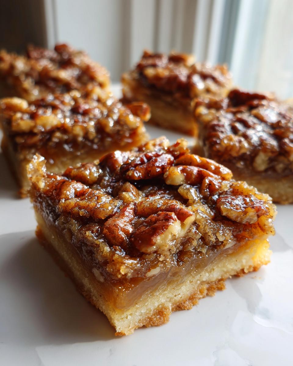 Close-up of a gooey pecan pie bars square showing the thick, caramelized pecan topping over a shortbread crust.