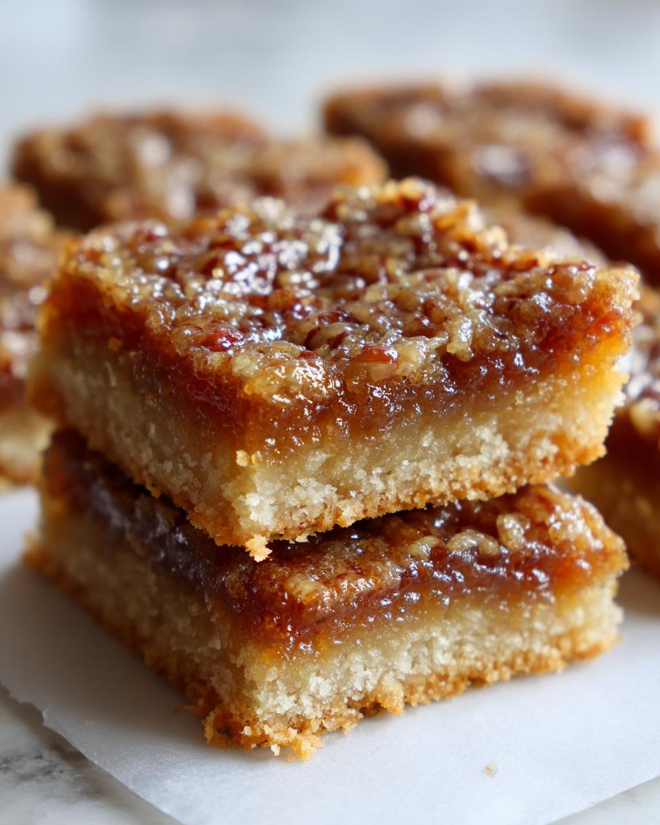 Two gooey pecan pie bars stacked on top of each other, showing the thick, buttery crust and sticky topping.