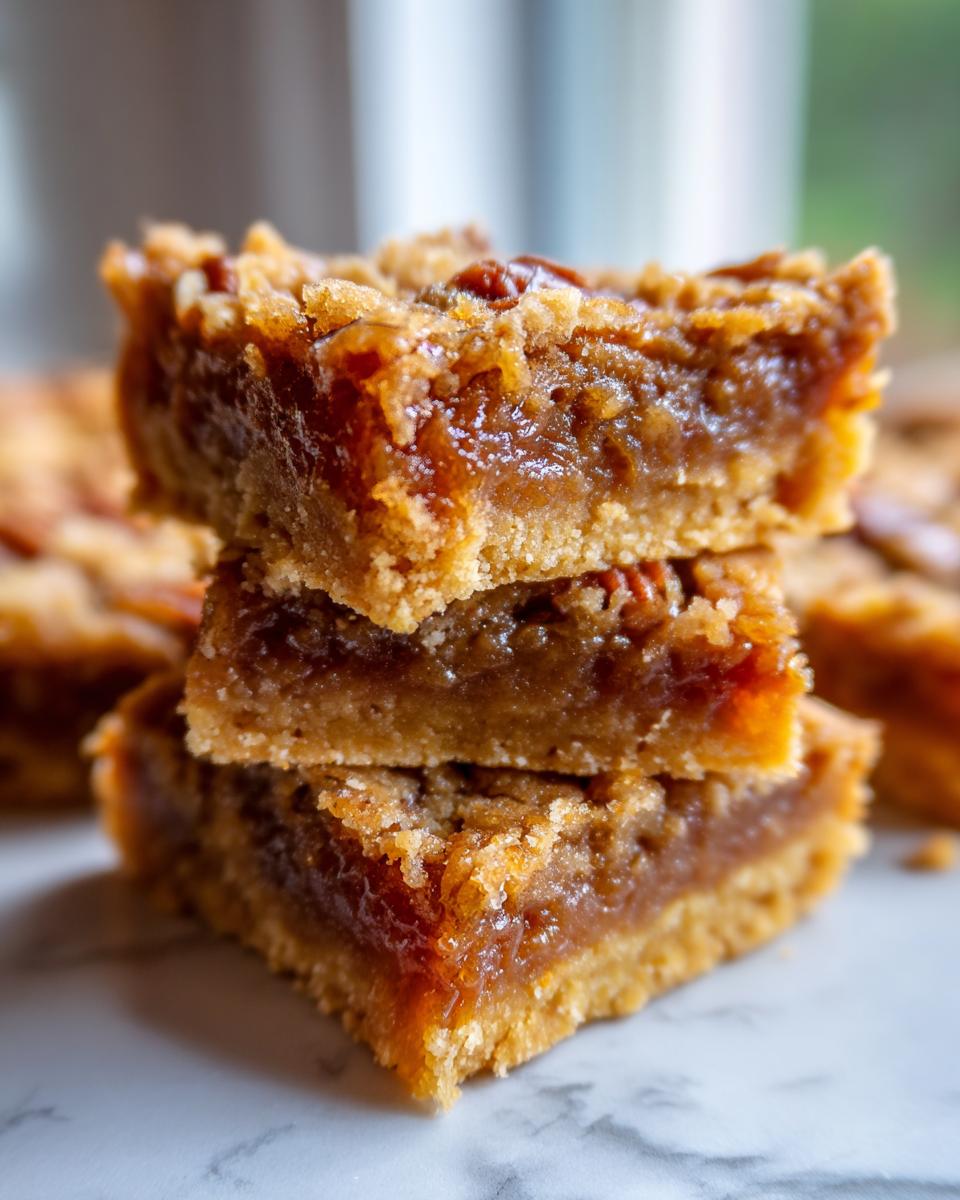 Three gooey pecan pie bars stacked on a marble surface, showing the thick, caramelized filling and crumbly crust.