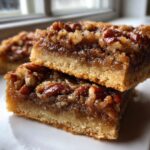Close-up of two stacked pecan pie bars showing the thick, gooey filling and buttery crust.