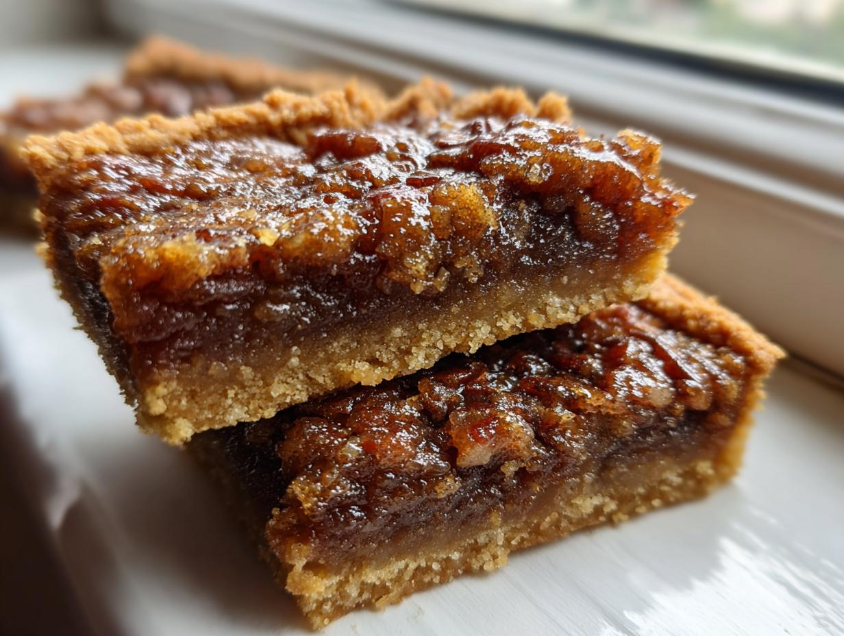 Two stacked, gooey pecan pie bars showing a thick, caramelized topping over a shortbread crust.