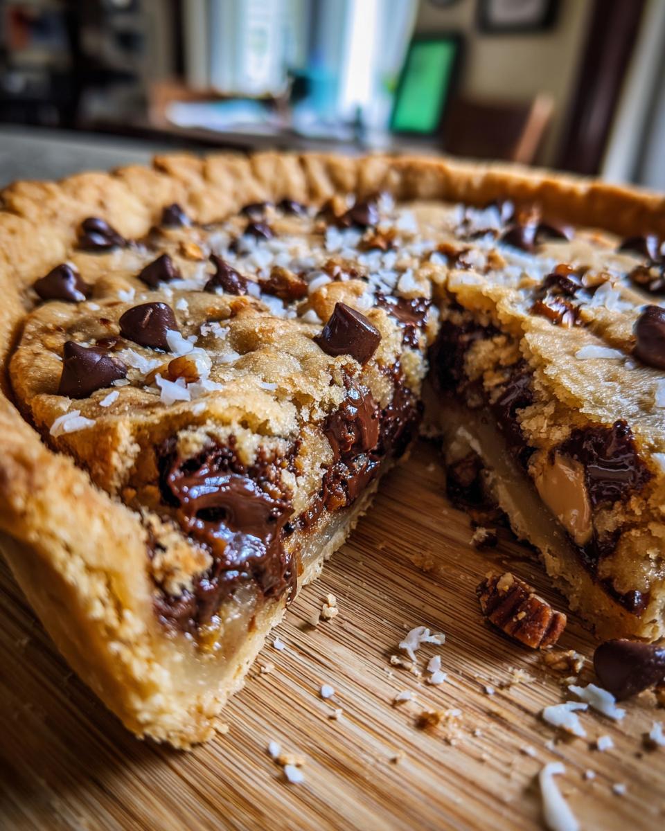 Close-up of a slice removed from a rich texas trash pie, showing melted chocolate chips and coconut topping.
