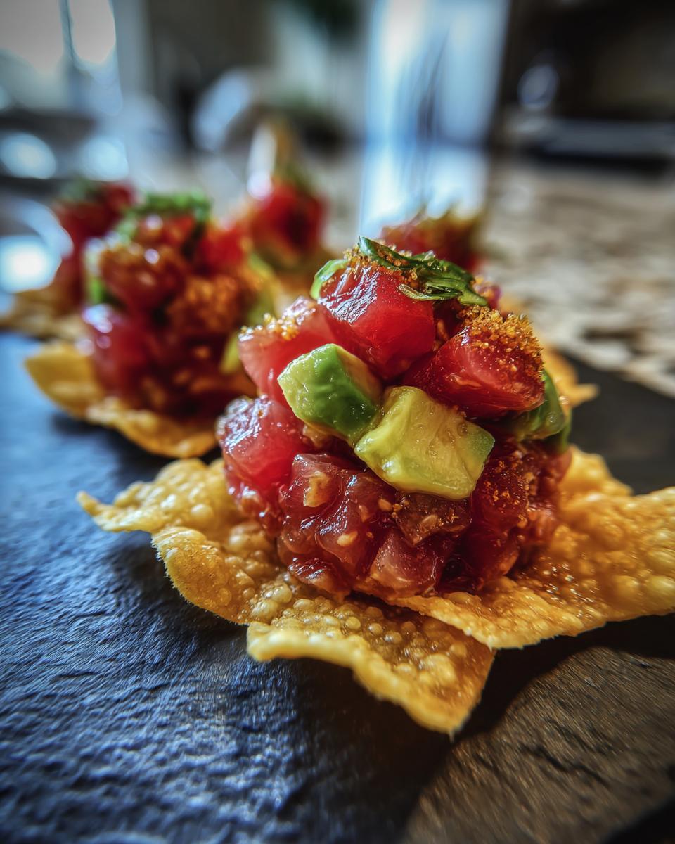 Close-up of gourmet tuna tartare served on crispy wonton chips with diced avocado.
