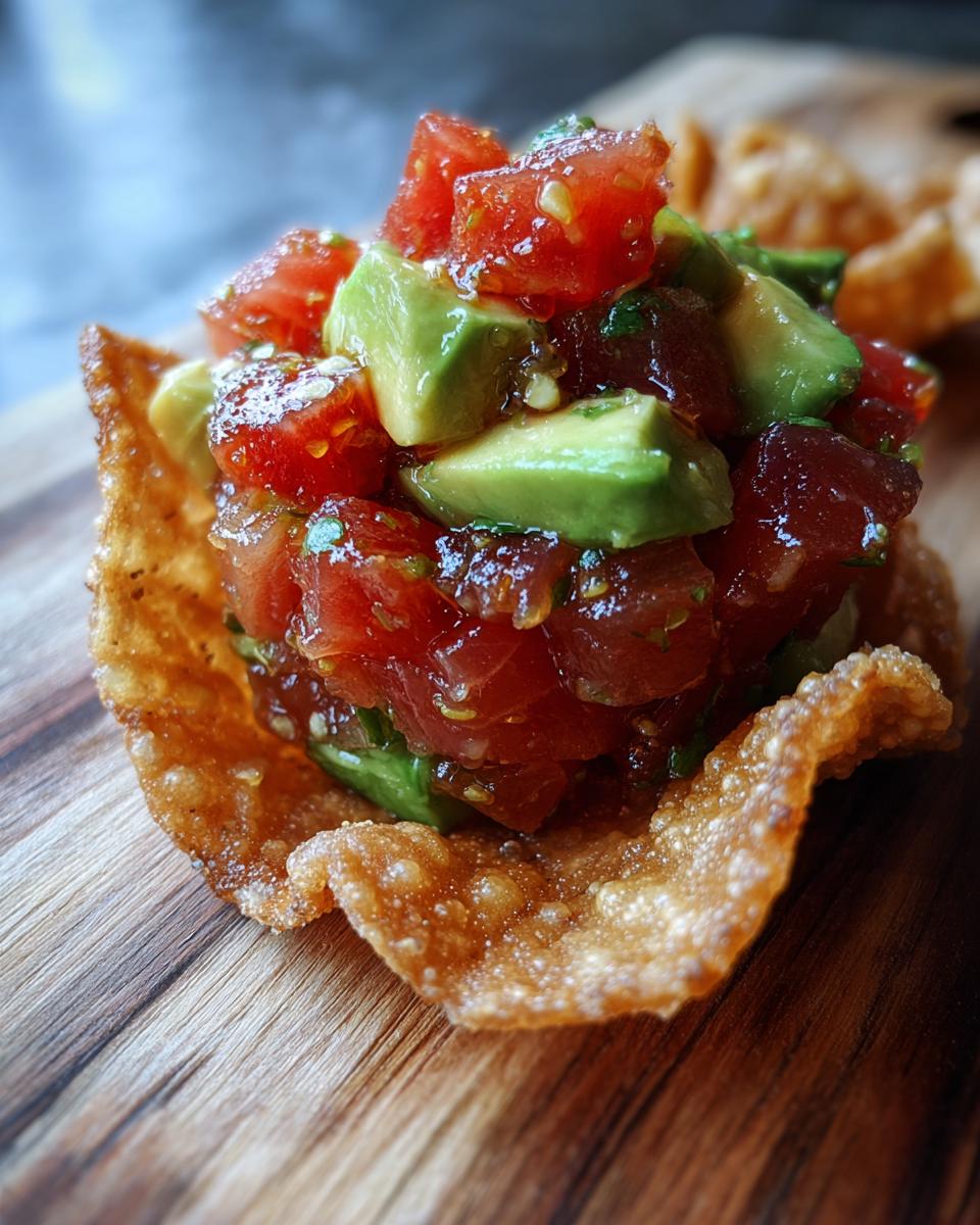 Close-up of gourmet tuna tartare mixed with avocado and tomato, served in a crispy wonton cup.