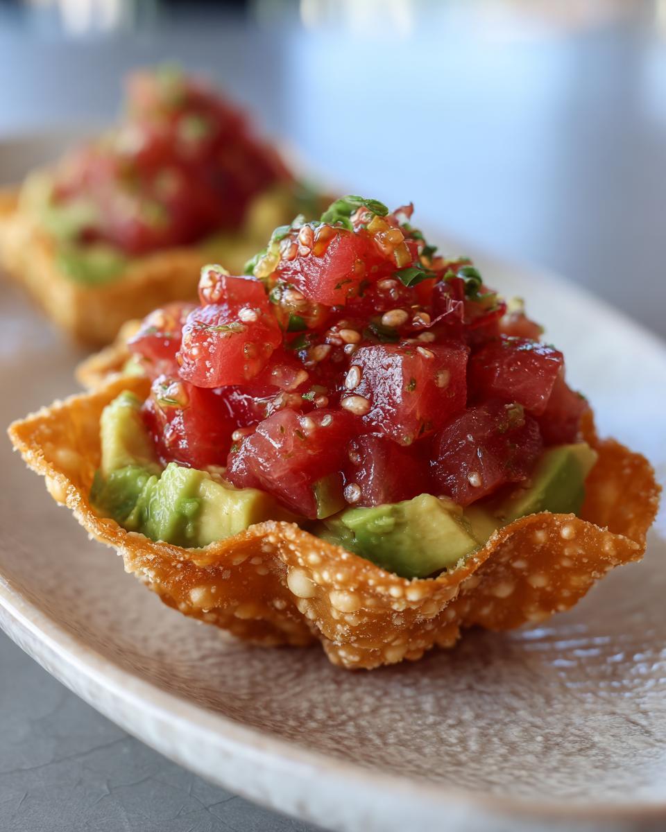Close-up of gourmet tuna tartare served over avocado slices in a crispy wonton cup.