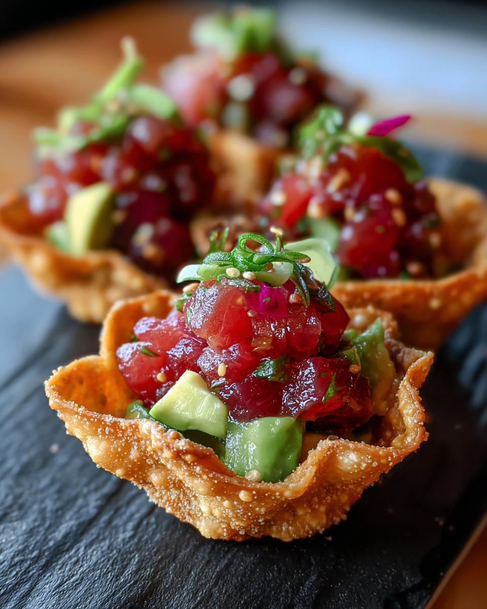 Close-up of gourmet tuna tartare mixed with avocado served in a crispy wonton cup.