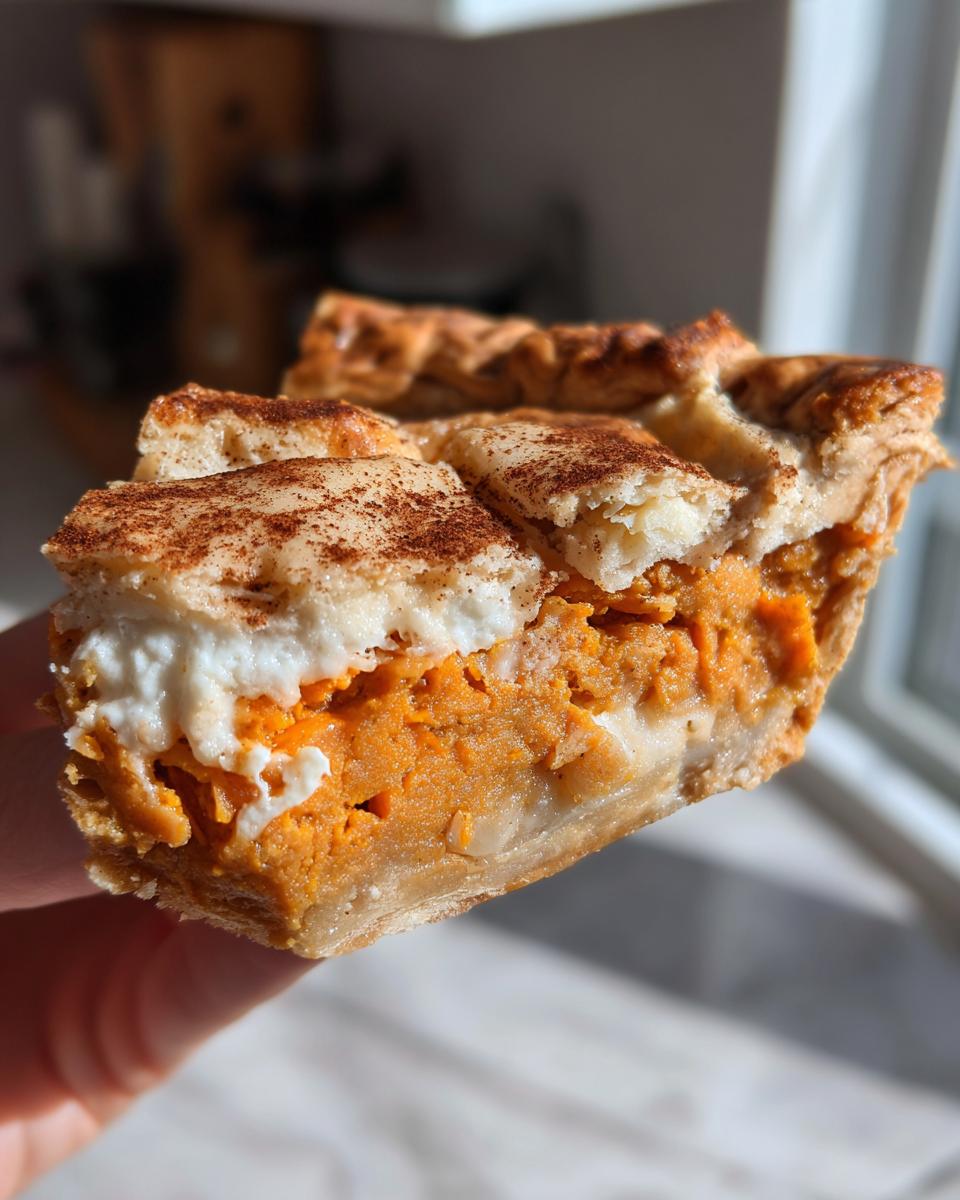 A close-up of a handheld slice of sweet potato cobbler showing the bright orange filling, white topping, and cinnamon dusting.
