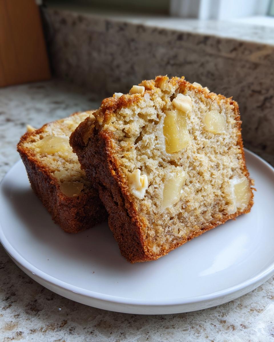 Two slices of moist Hawaiian banana bread studded with chunks of pineapple and nuts on a white plate.