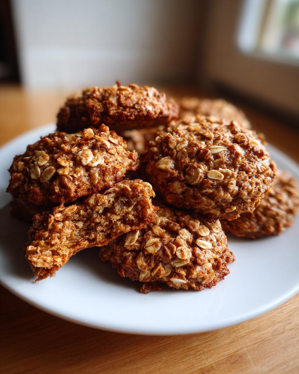 A stack of golden brown, textured applesauce cookies made with visible rolled oats, served on a white plate.