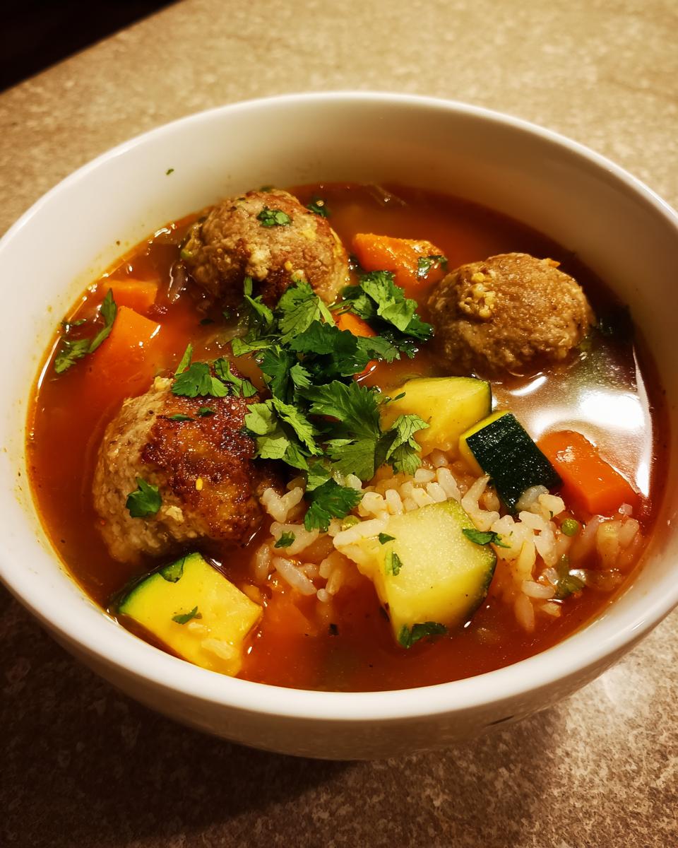 Close-up of a white bowl filled with rich, tomato-based albondigas soup featuring meatballs, zucchini, carrots, rice, and fresh cilantro.