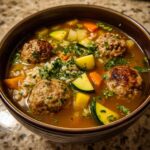 A close-up of a rich bowl of albondigas soup featuring browned meatballs, rice, zucchini, carrots, and fresh parsley garnish.