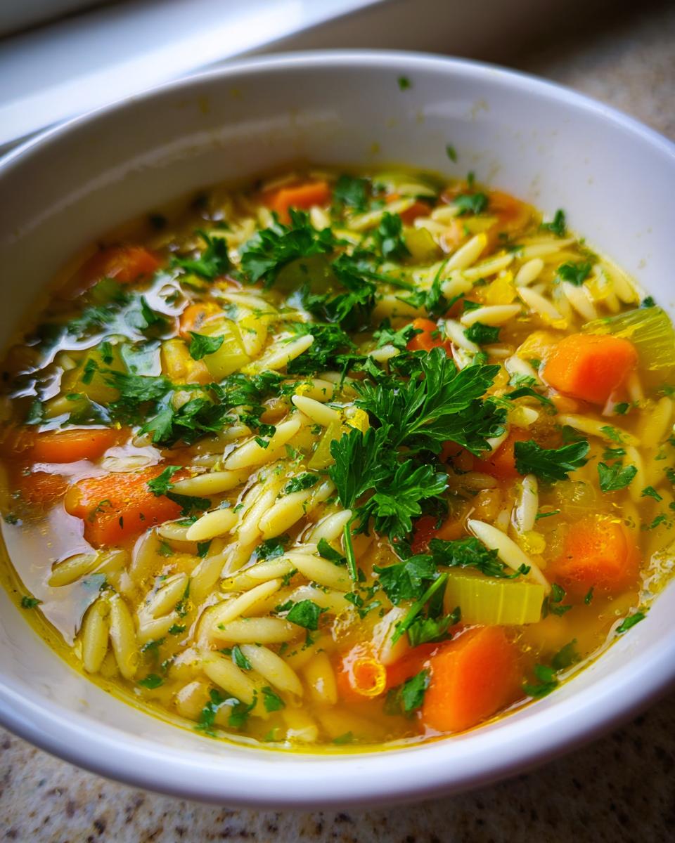 Close-up of a warm bowl of chickpea soup featuring orzo pasta, diced carrots, celery, and fresh parsley.