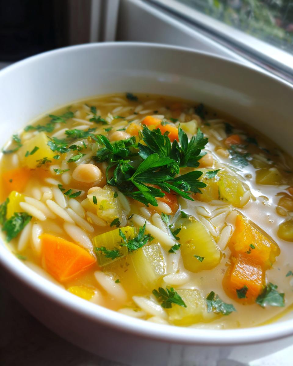 Close-up of a white bowl filled with flavorful chickpea soup, featuring orzo pasta, carrots, celery, and fresh parsley garnish.