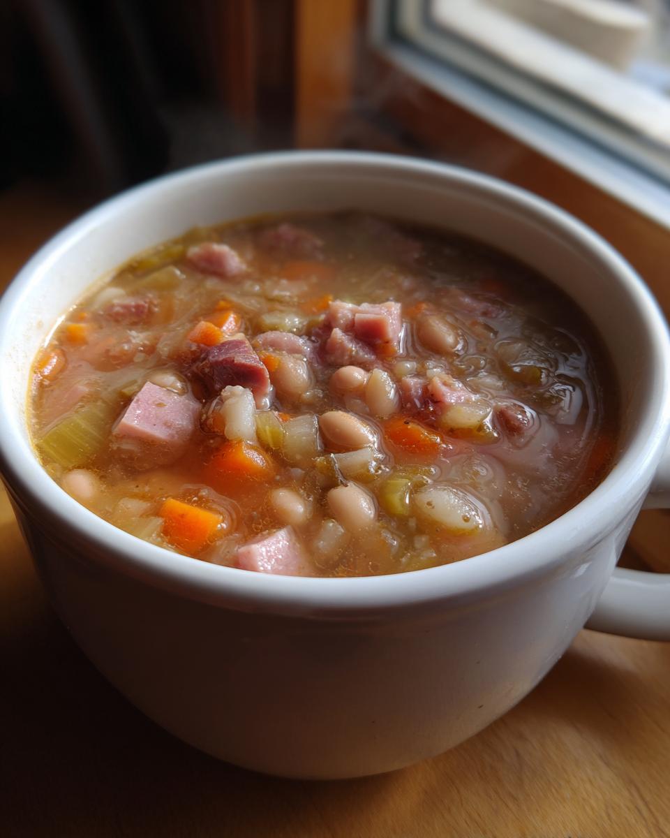 Close-up of a white mug filled with hearty bean soup containing white beans, diced ham, carrots, and celery.