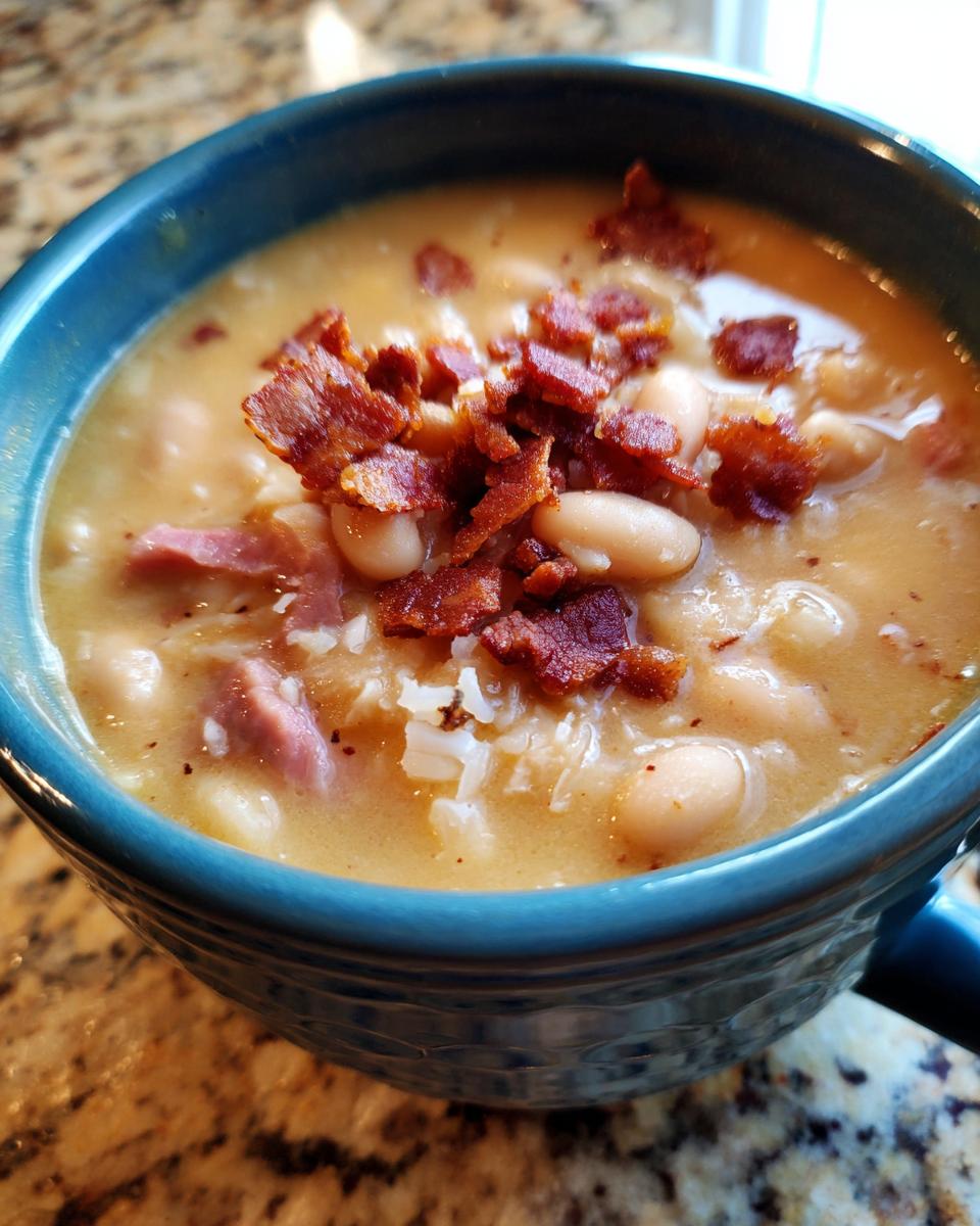 Close-up of a hearty bowl of navy bean soup, featuring white beans, ham pieces, and crispy bacon crumbles on top.