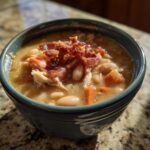 Close-up of a hearty bowl of amazing navy bean soup topped with shredded chicken, diced ham, and crispy bacon bits.