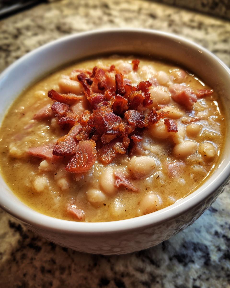 Close-up of a white bowl filled with thick navy bean soup, topped generously with crumbled bacon.
