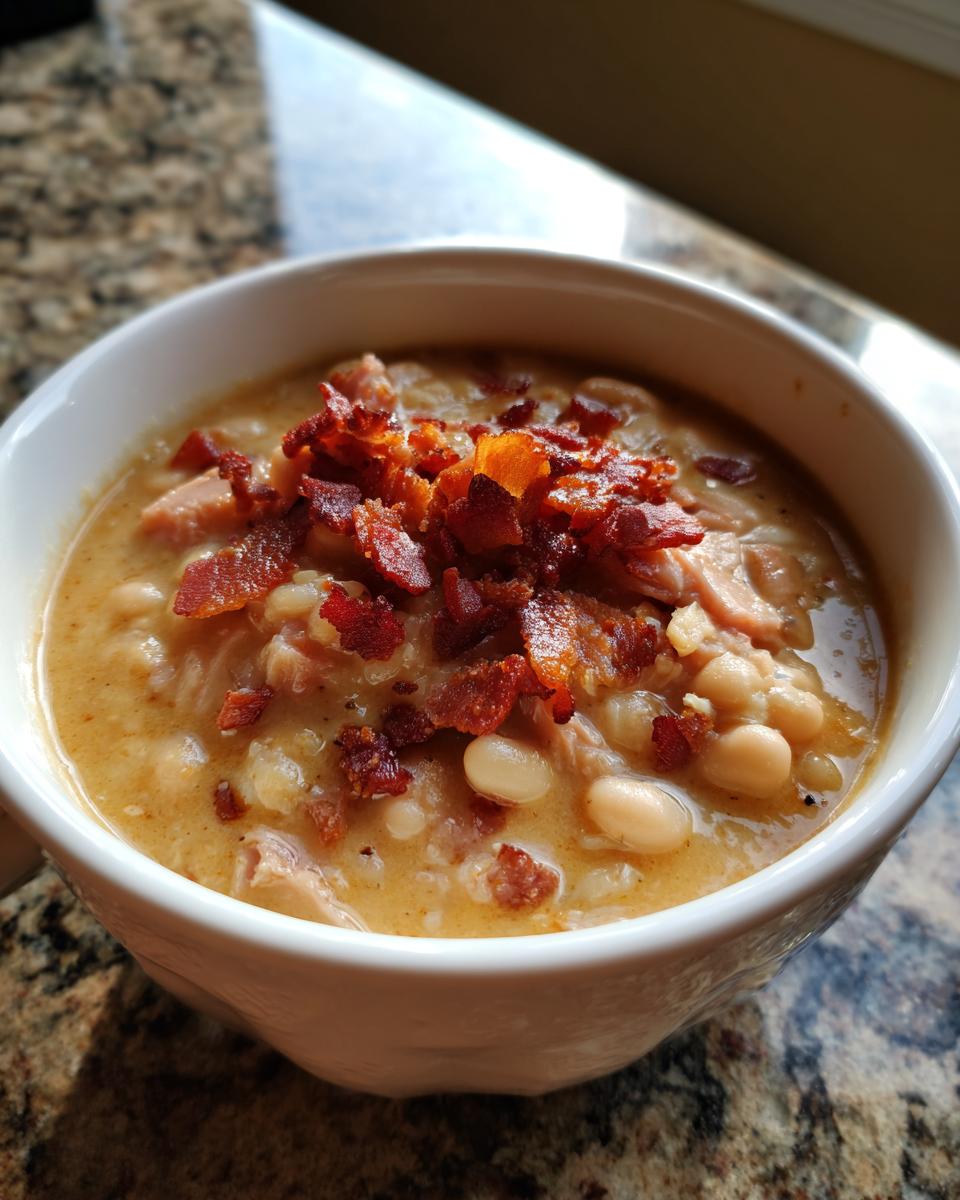 Close-up of a white bowl filled with creamy navy bean soup, topped generously with crumbled bacon.
