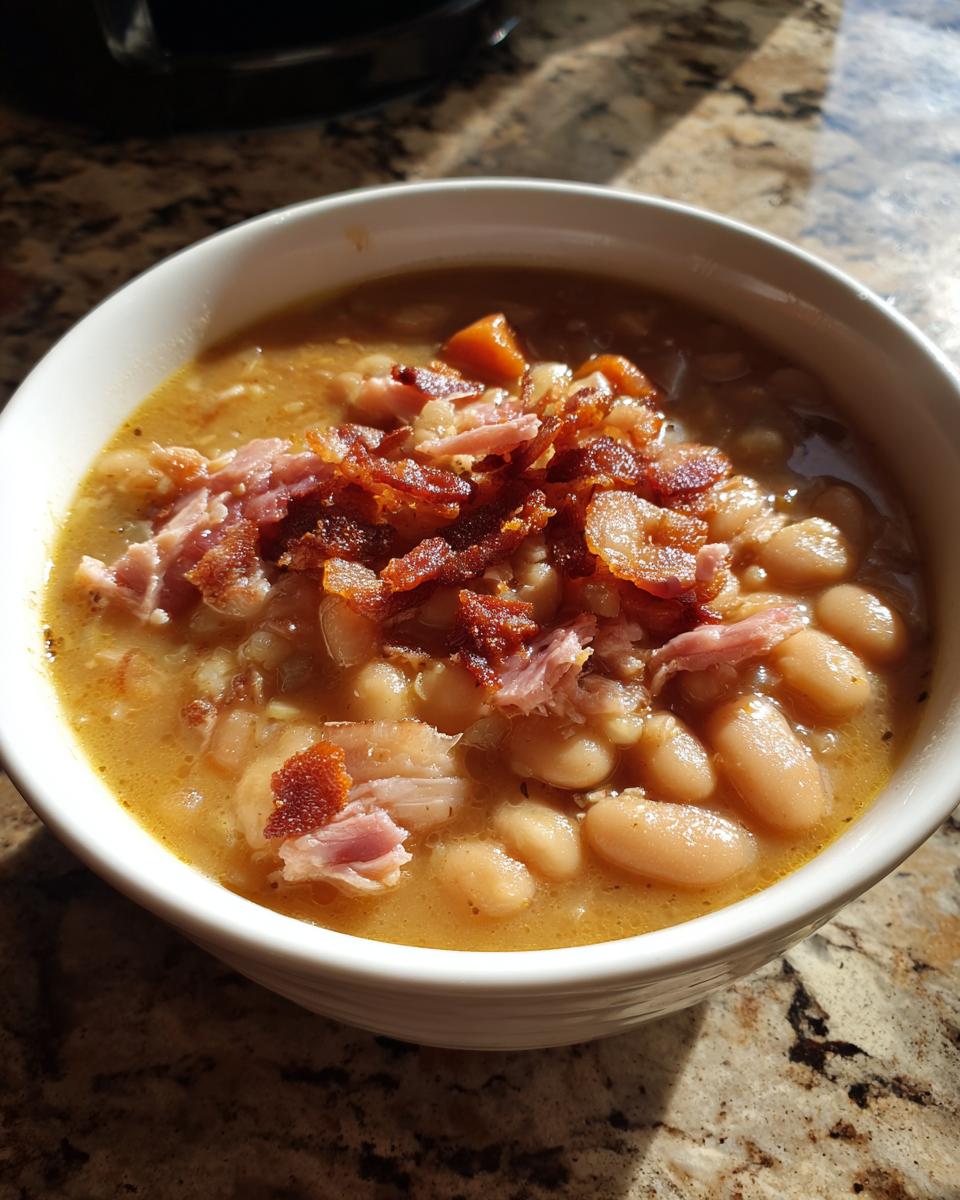 A close-up of a white bowl filled with thick navy bean soup, topped generously with crumbled bacon and ham pieces.