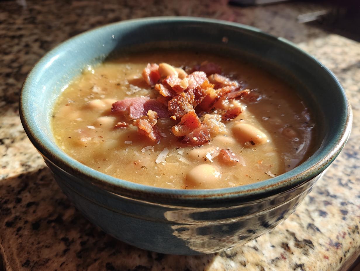 Close-up of a hearty bowl of navy bean soup, topped generously with crispy bacon bits.