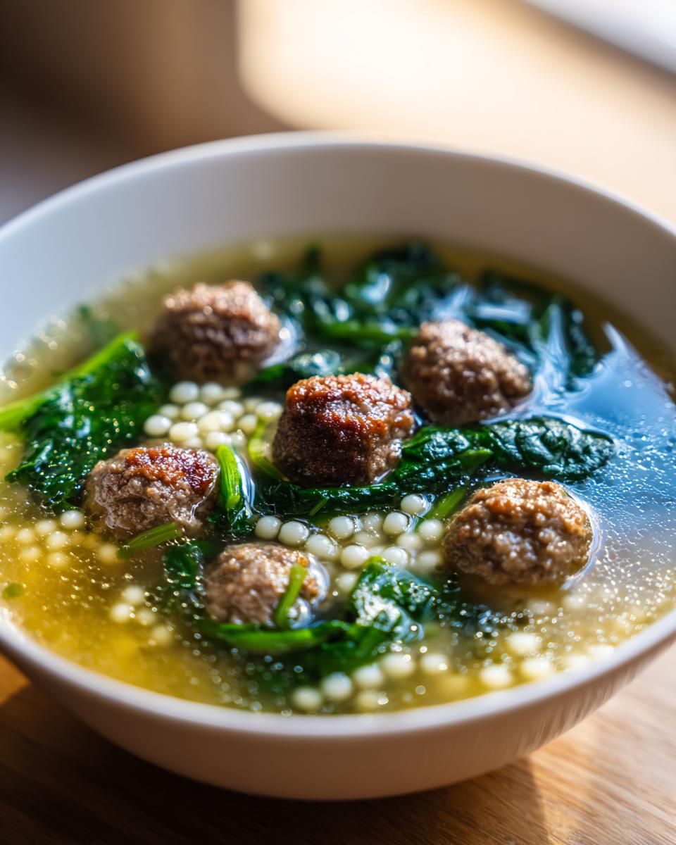 A close-up shot of a white bowl filled with delicious wedding soup, featuring small meatballs, green spinach, and acini di pepe pasta.
