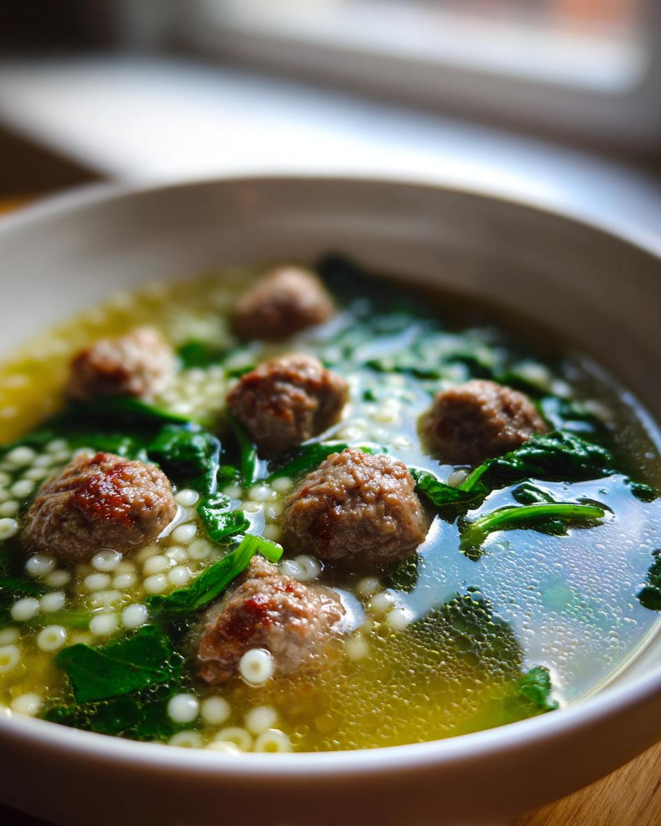 A close-up view of a bowl of hot wedding soup featuring small meatballs, acini di pepe pasta, and wilted spinach in a clear broth.