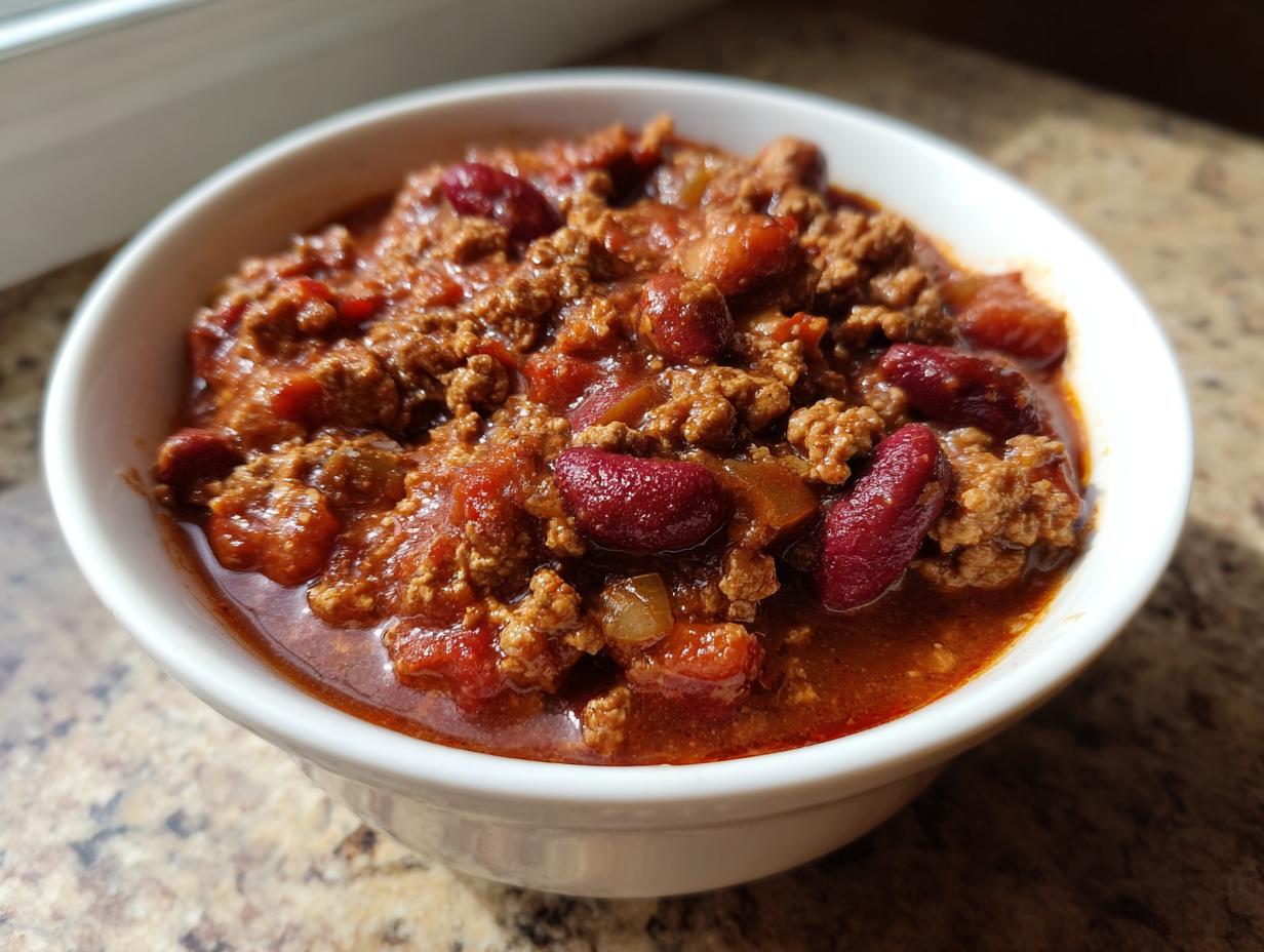 Close-up of a white bowl filled with rich, hearty high protein chili featuring ground meat and dark red kidney beans.