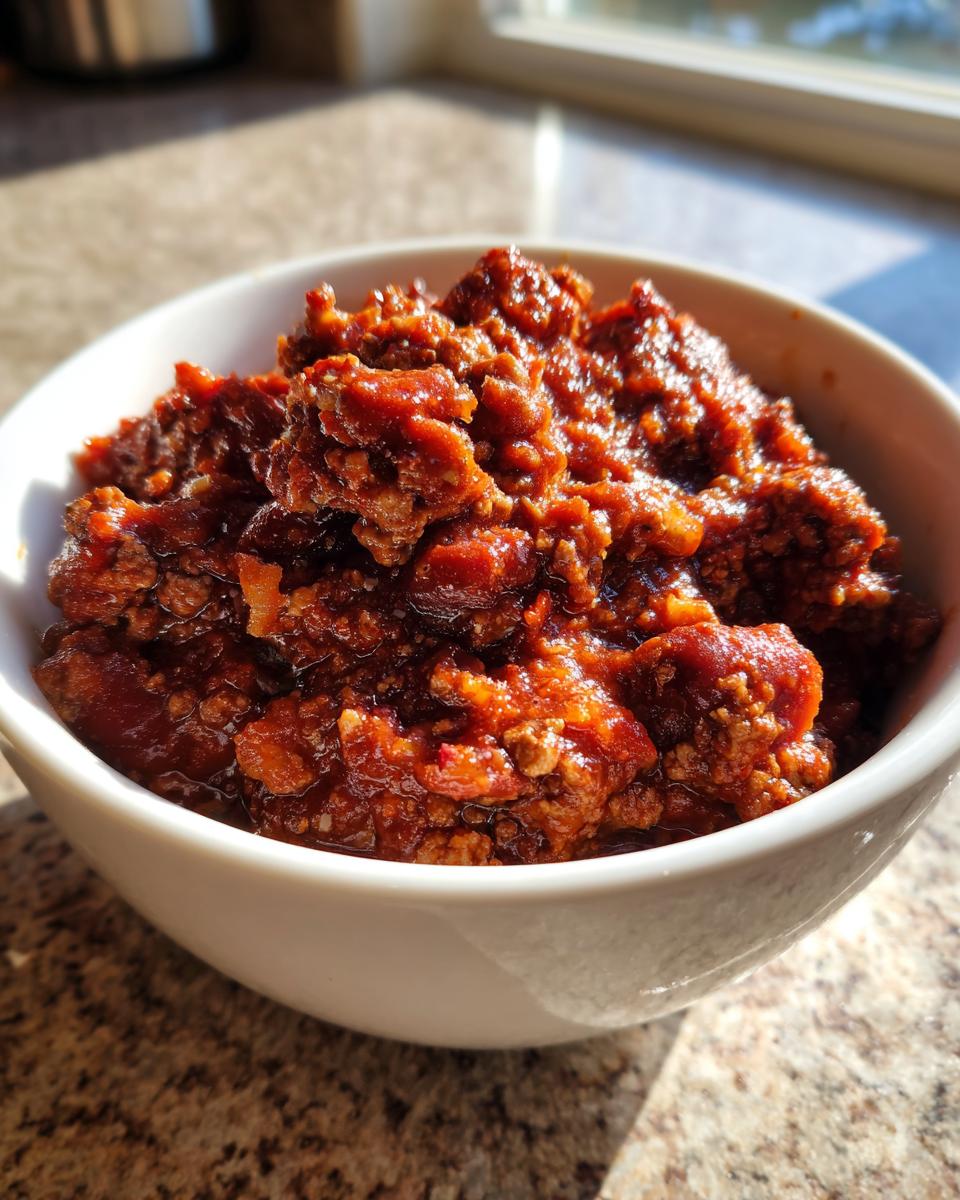 Close-up of a thick, rich portion of high protein chili served in a white bowl, catching sunlight.