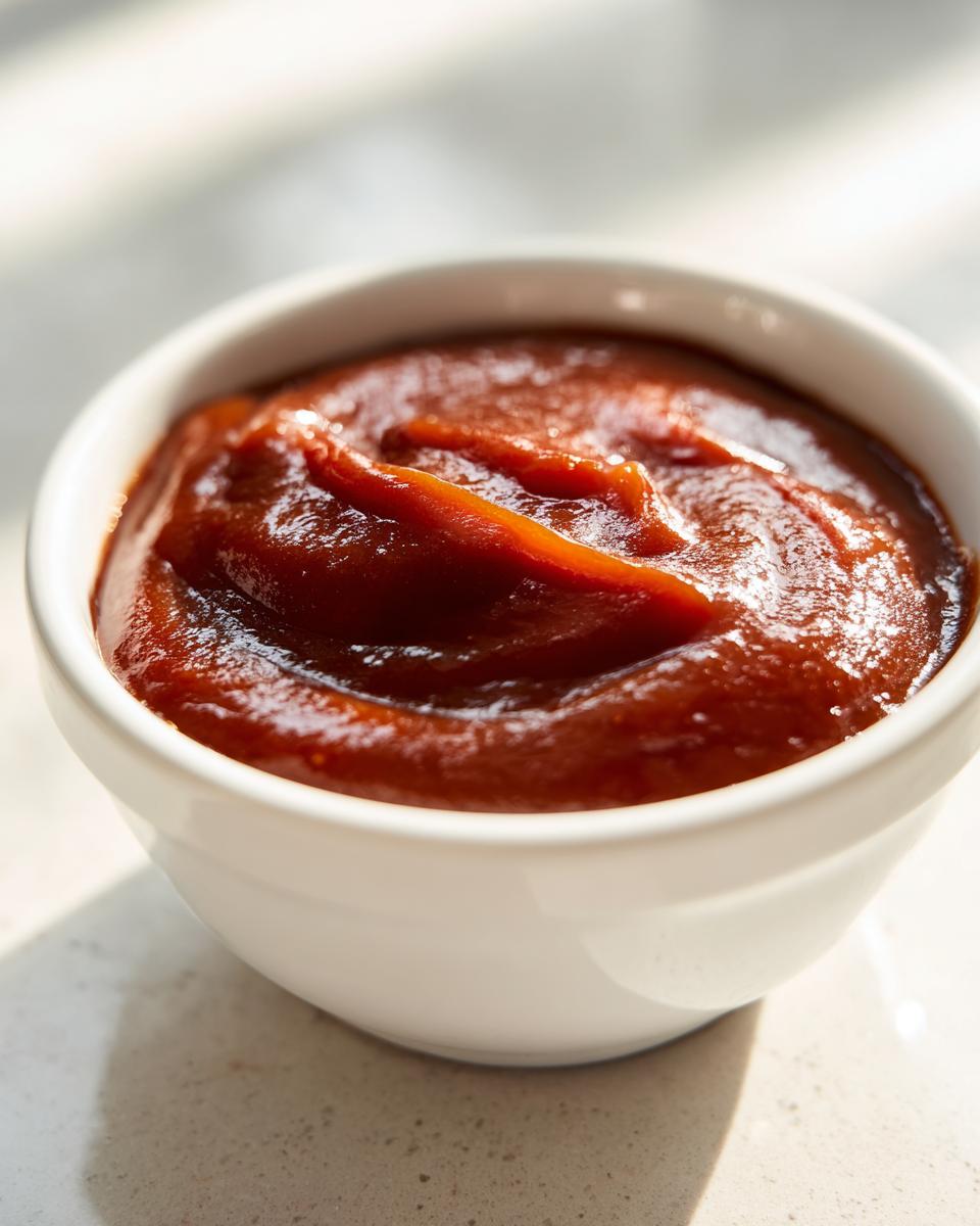 Close-up of thick, glossy homemade bbq sauce served in a small white dipping bowl.