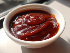 Close-up of thick, glossy, dark red homemade bbq sauce served in a small white dipping bowl.