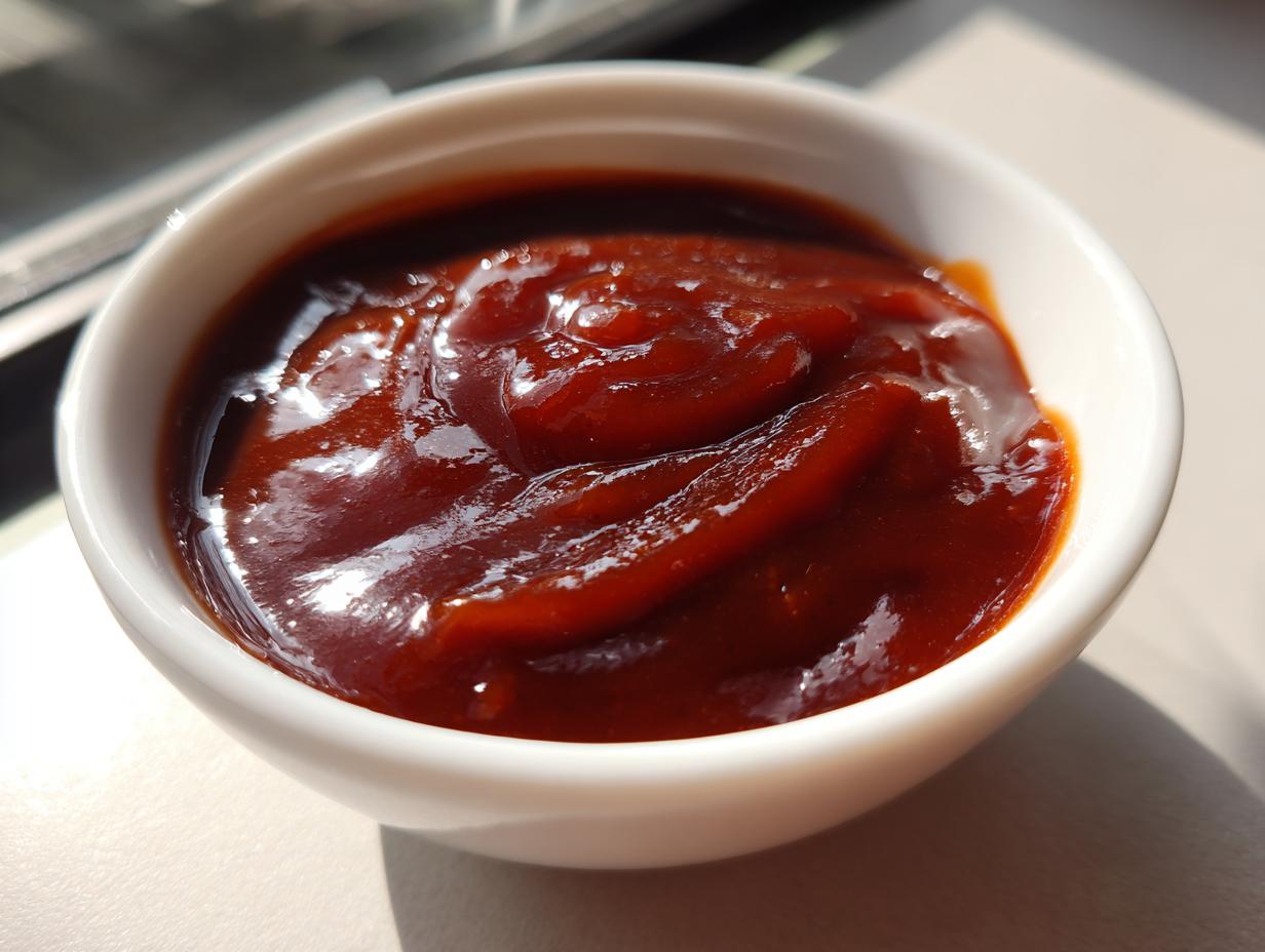 Close-up of thick, glossy, dark red homemade bbq sauce served in a small white dipping bowl.