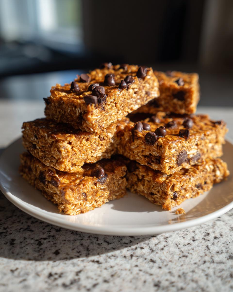 A stack of freshly made, chewy chocolate chip protein bars piled on a small white plate.