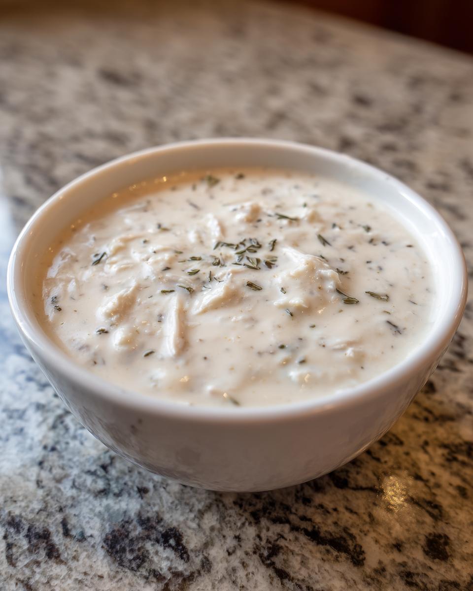 Close-up of a white bowl filled with thick, creamy homemade cream of chicken soup, garnished with dried herbs.