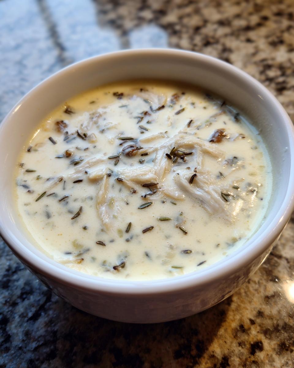 Close-up of a white bowl filled with rich, creamy homemade cream of chicken soup, topped with shredded chicken and herbs.