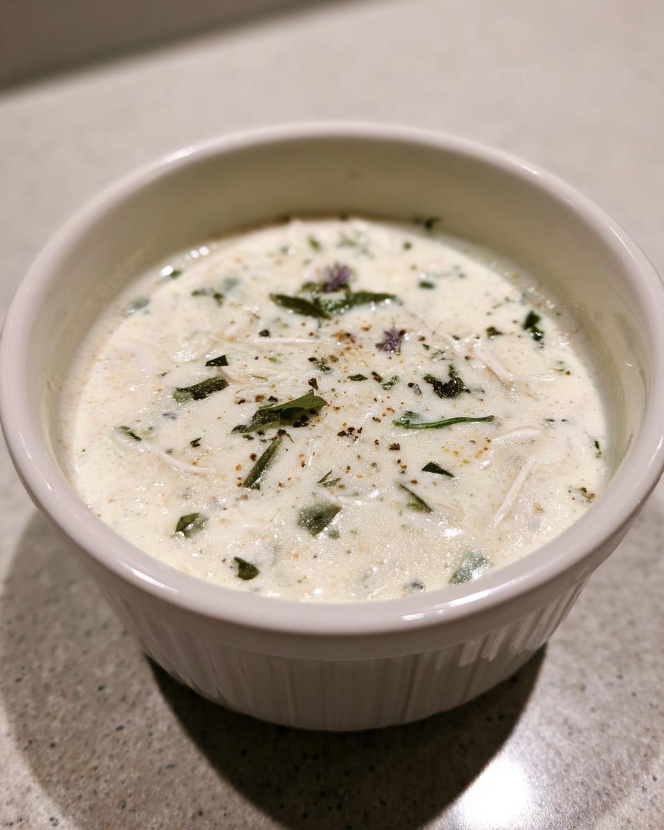 Close-up of creamy homemade cream of chicken soup garnished with herbs and pepper in a white bowl.