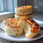 Close-up of homemade English muffins showing the characteristic open crumb structure, one is broken open.