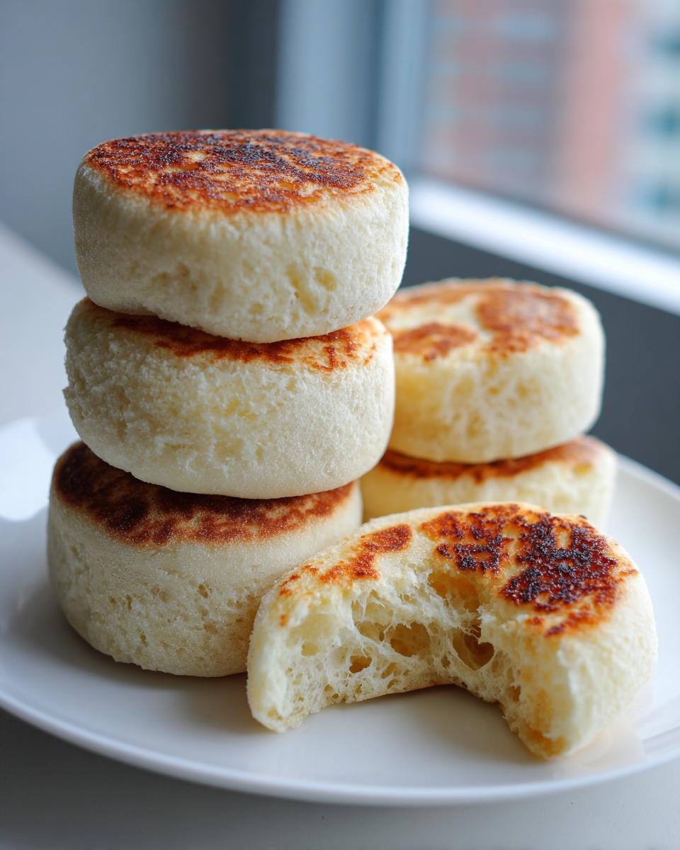 Stack of golden-brown homemade English muffins, one broken open to show the signature airy crumb structure.