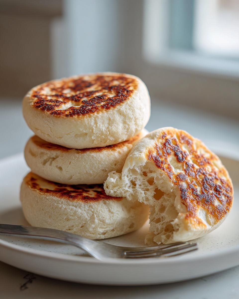 A stack of golden-brown homemade English muffins, one broken open to show the signature airy crumb structure.