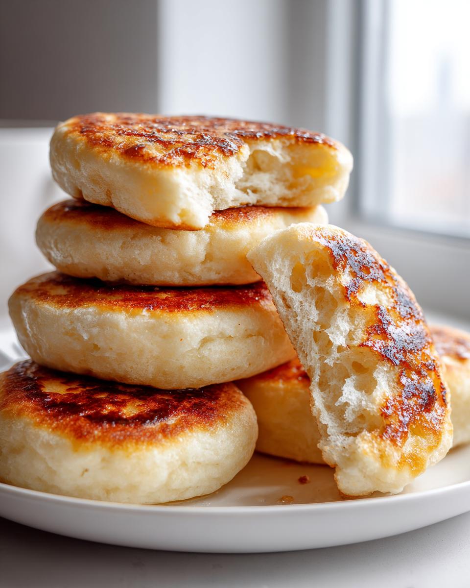 Close-up of stacked homemade English muffins, showing the open crumb structure of one split piece.
