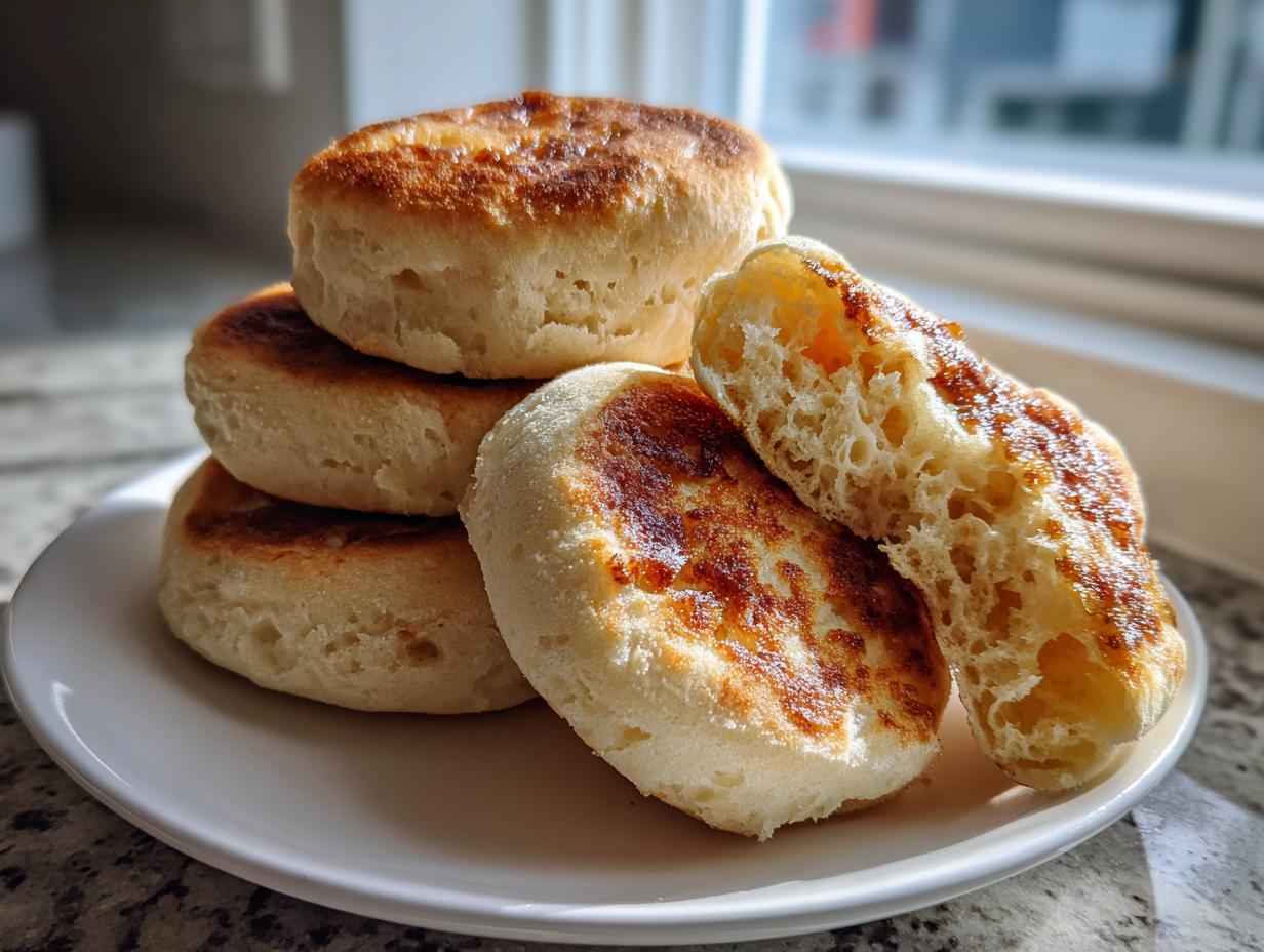 A stack of golden-brown homemade english muffins, with one split open showing the signature airy crumb structure.
