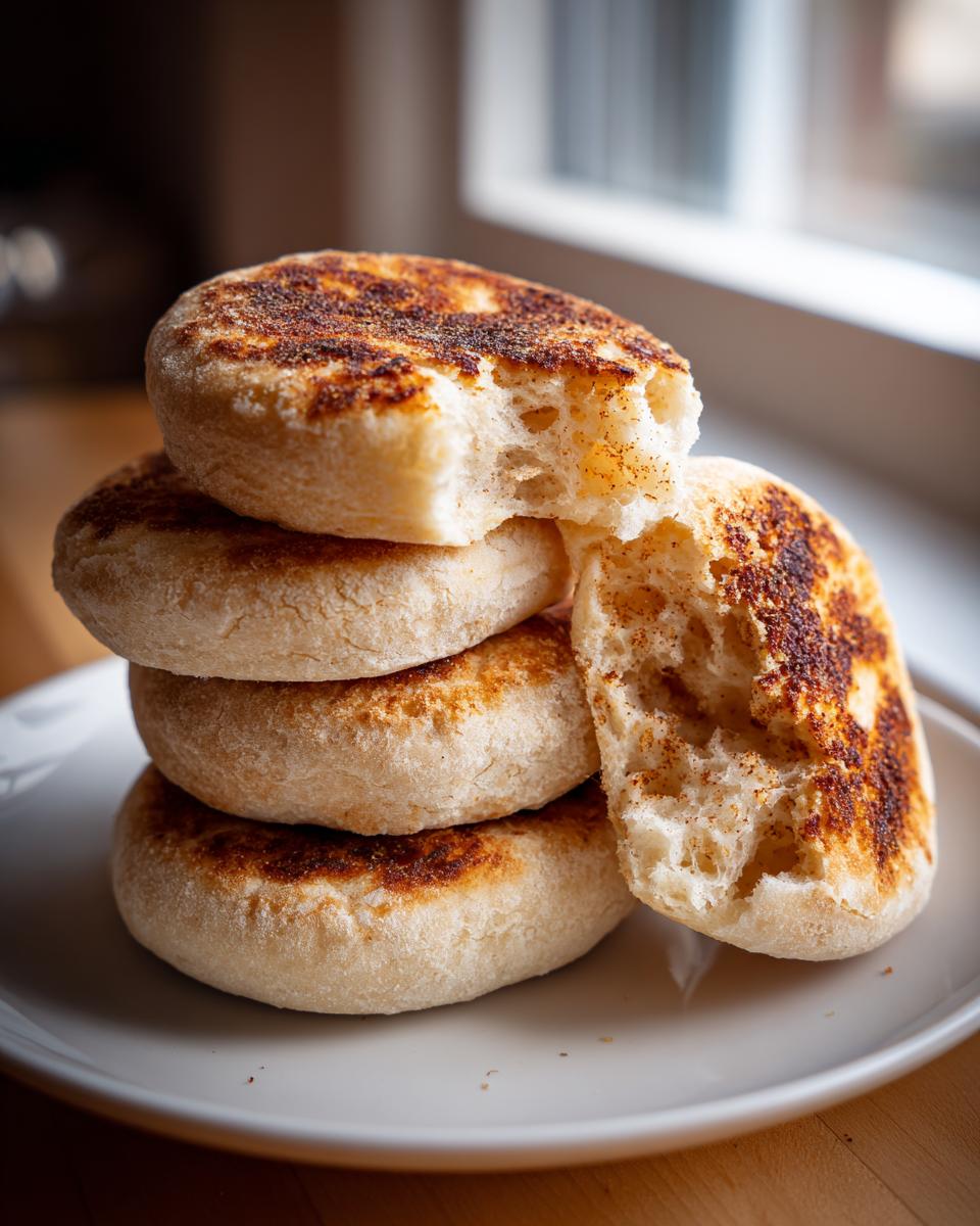 A stack of four homemade English muffins, one broken open to show the signature open crumb structure.