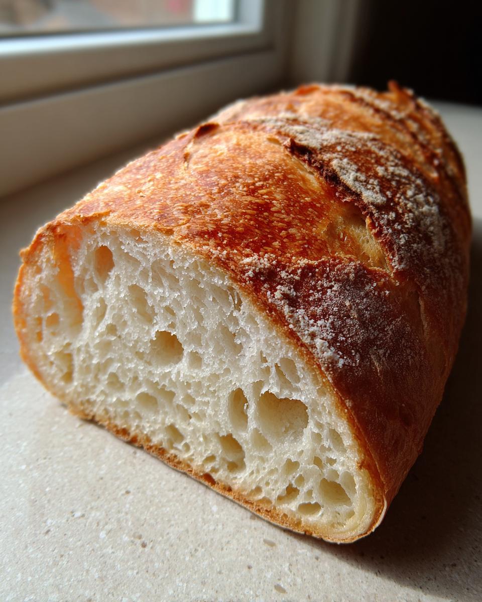Close-up cross-section of homemade french bread showing a golden crust and airy crumb structure.