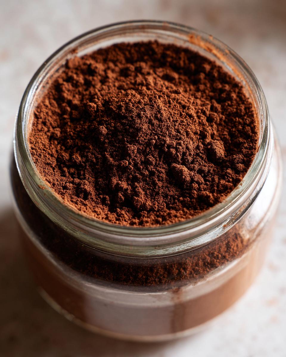 Close-up of rich, dark brown homemade hot cocoa mix filling a clear glass jar.