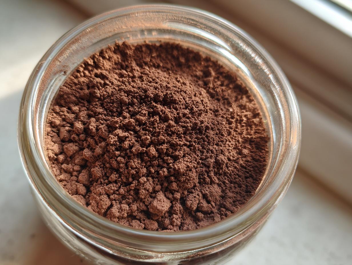 Overhead close-up view of rich brown homemade hot cocoa mix filling a clear glass jar.