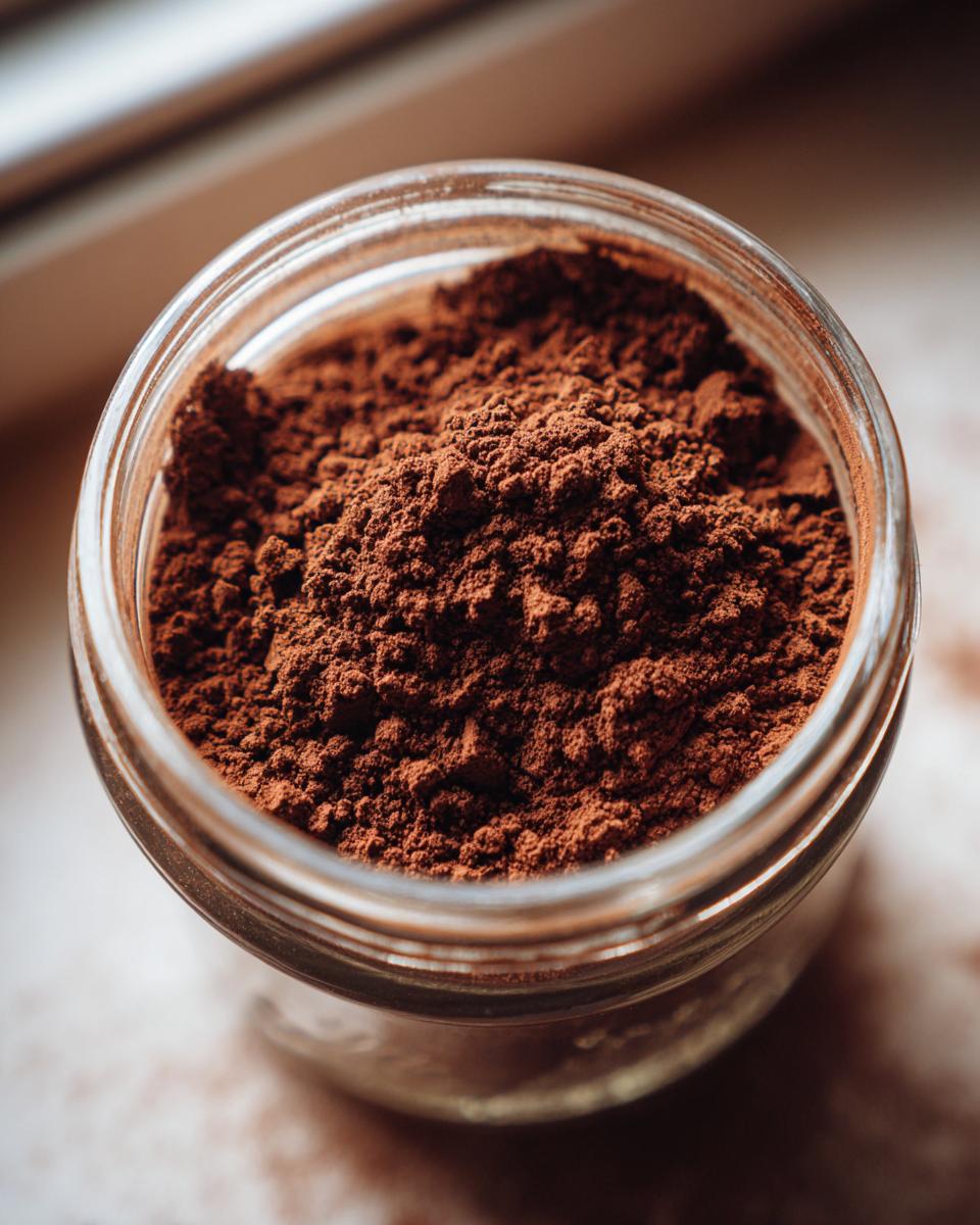 A close-up, overhead shot of rich, dark brown powder, which is the homemade hot cocoa mix, stored in a glass jar.