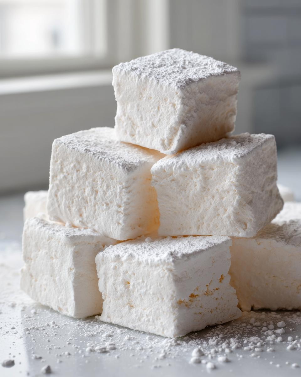 A close-up stack of fluffy, white homemade marshmallows dusted generously with powdered sugar.